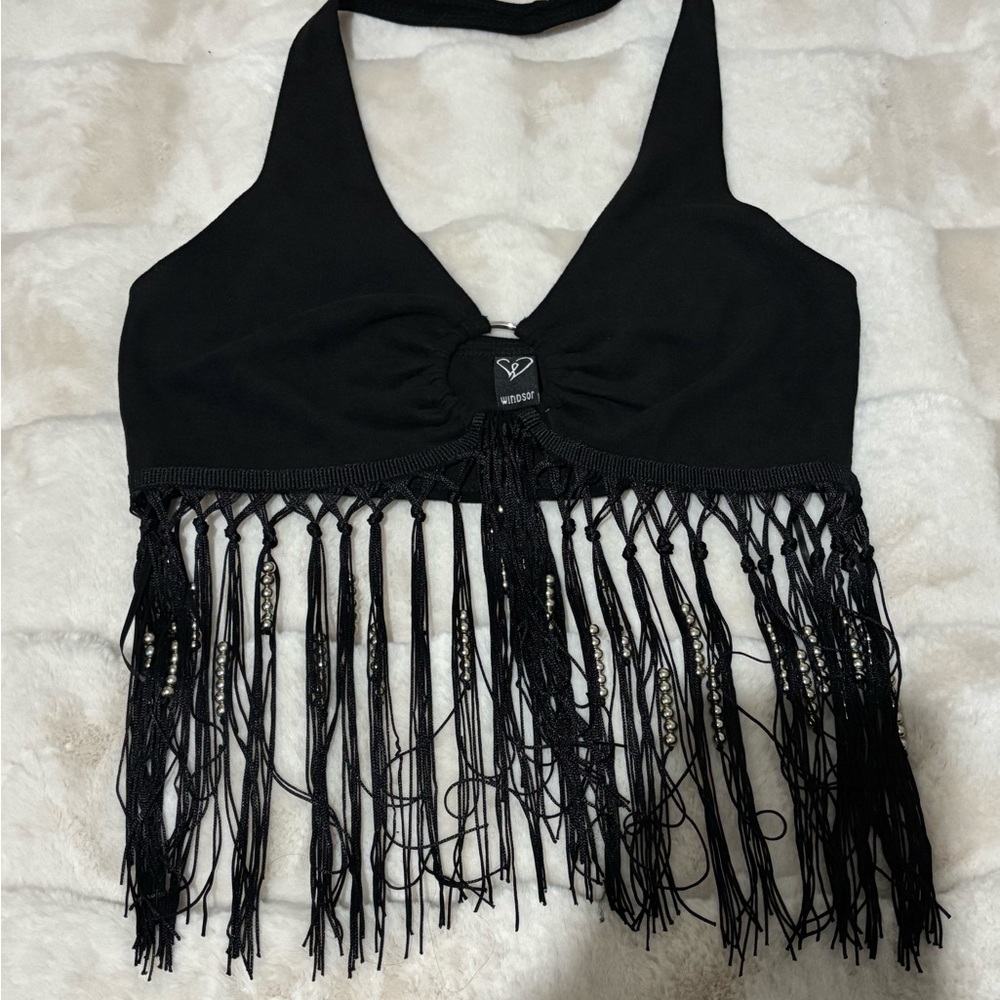 Windsor Black Fringe Crop Top